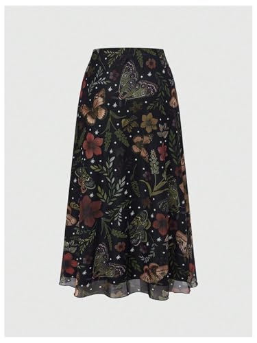 Milumia Women's Floral Mesh Midi Skirt Elastic A Line Whimsical Skirts