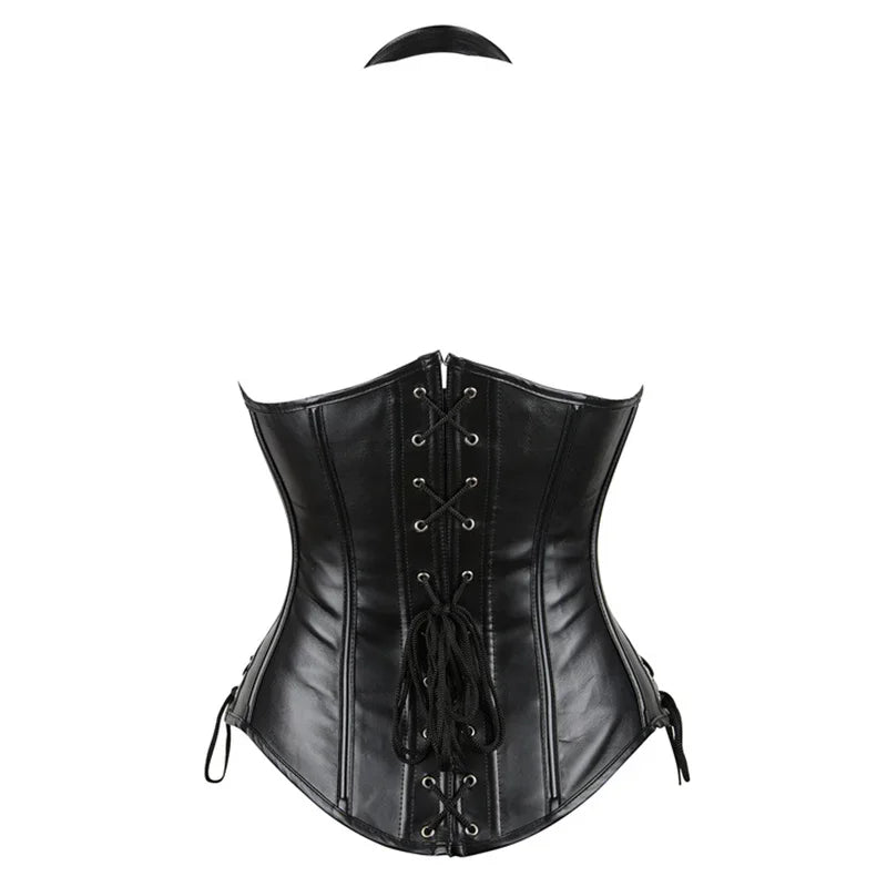 PU Leather Halter Corset Bustier with Lace-Up Back