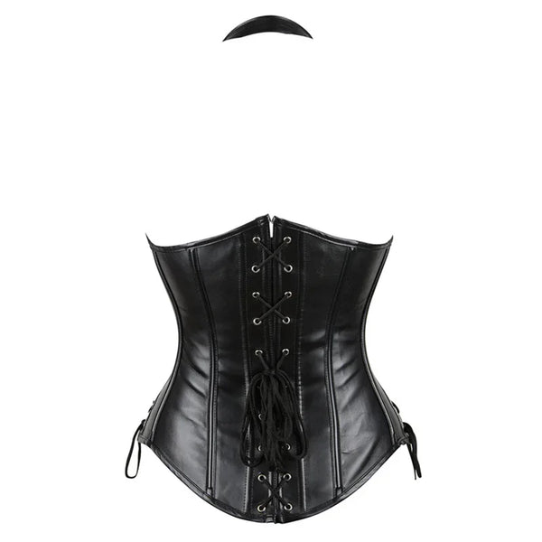 PU Leather Halter Corset Bustier with Lace-Up Back