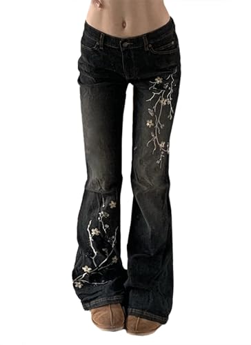 Women Bell Bottom Jeans Stretchy Flare Mid Rise Embroidery Vintage Main image