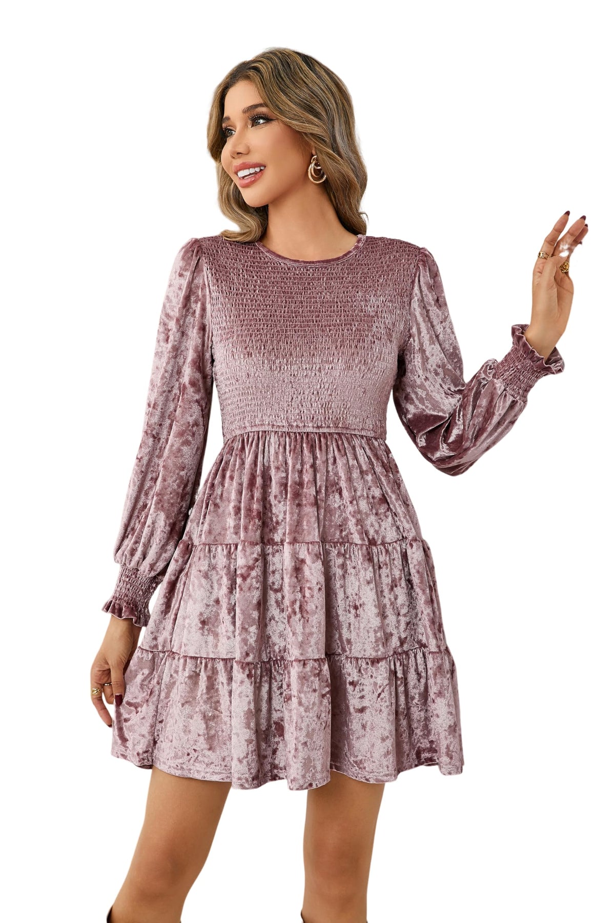 R.Vivimos Women's Fall Crushed Velvet Long Sleeve Mini Dress