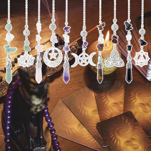 GOMAKERER 5 Pcs Natural Gemstones Pendulum, 5 Styles Crystal Dowsing Pendulum Reki Gemstone Chips Pendulum for Women Man Divination Wicca Meditation