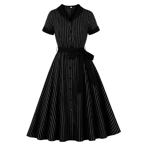 Women's 1950s Retro Striped Dress - Vintage Collared Button Down A Line Swing Dress with Removable Belt for Commuting
