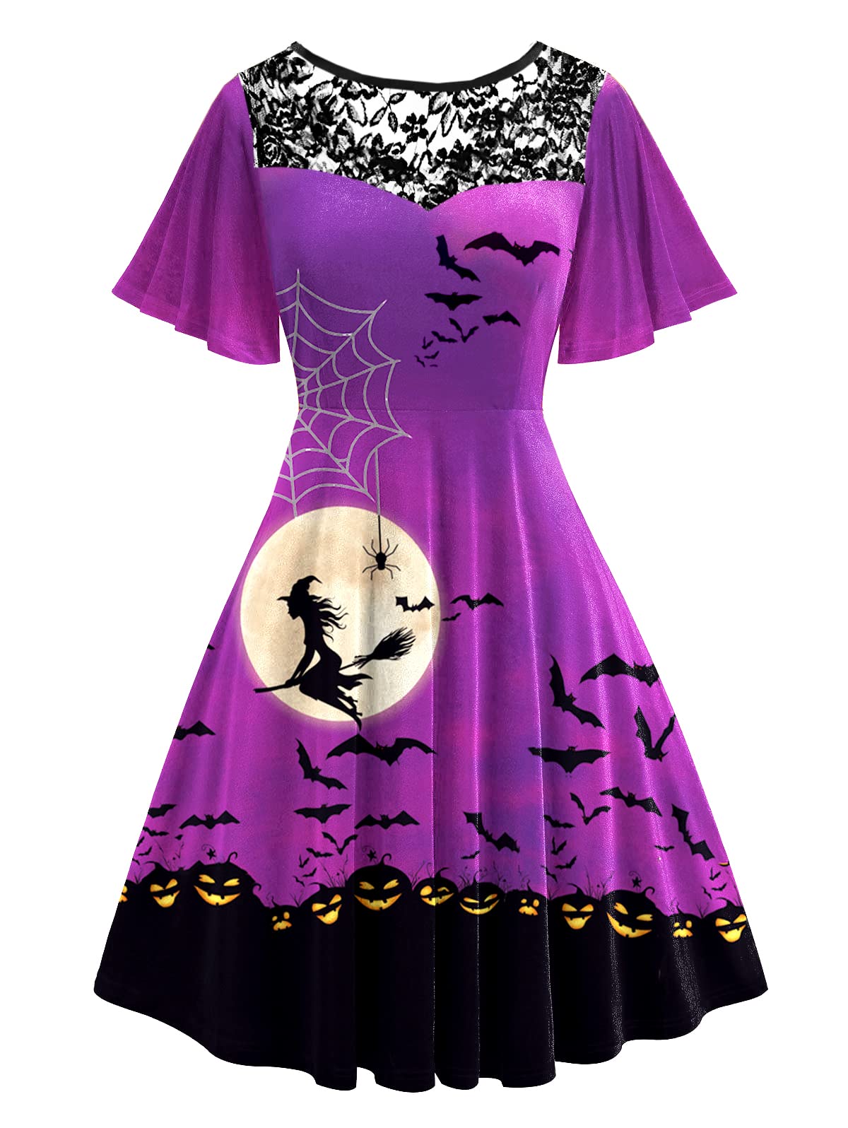 Women Halloween Dress Lace Flutter Sleeve A-Line Party Dresses