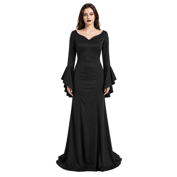 JEGERMIG Black Gothic Maxi Dress, V-Neck Flared Sleeves Halloween Costume