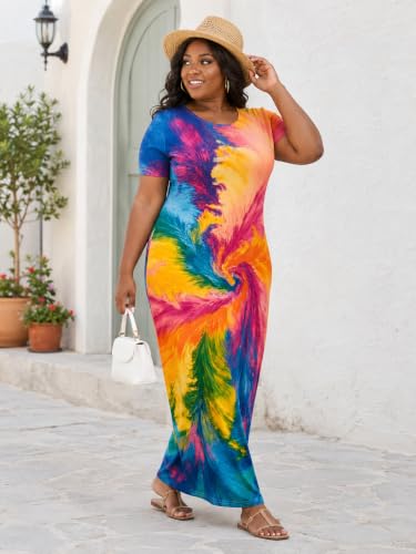 Plus Size Maxi Dress for Women Summer Short Sleeve Casual Sundress