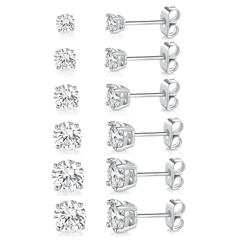 18K White Gold Plated Round Cubic Zirconia Stud Earrings Pack, 6 Pairs Main image