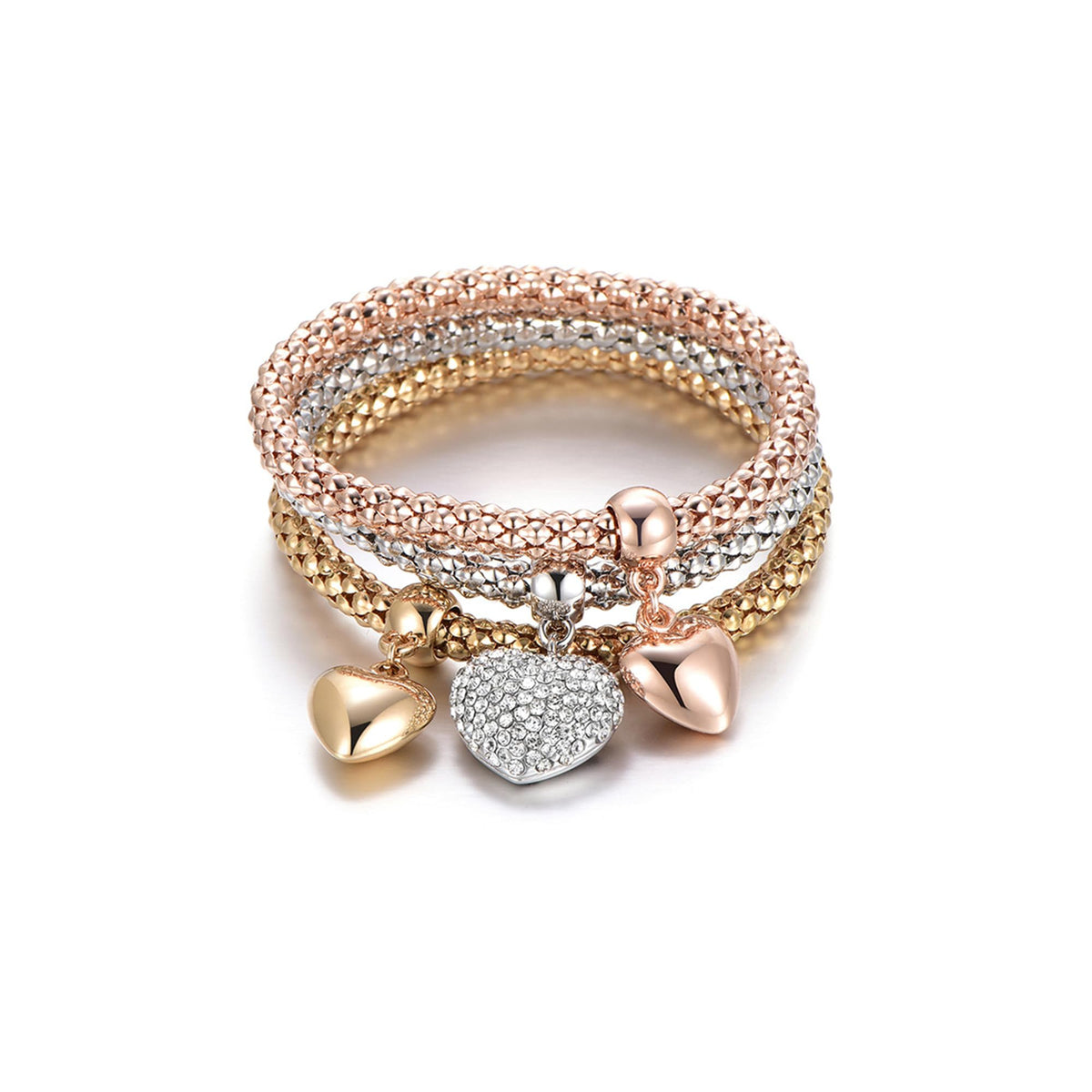 SILANER Crystal Charms Multilayer Bracelets - 3PCS Gold/Silver/Rose Gold Corn Chain Bracelet for Women, Tree of Life Heart Shaped Stretch Bracelet