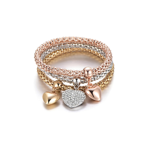 SILANER Crystal Charms Multilayer Bracelets - 3PCS Gold/Silver/Rose Gold Corn Chain Bracelet for Women, Tree of Life Heart Shaped Stretch Bracelet