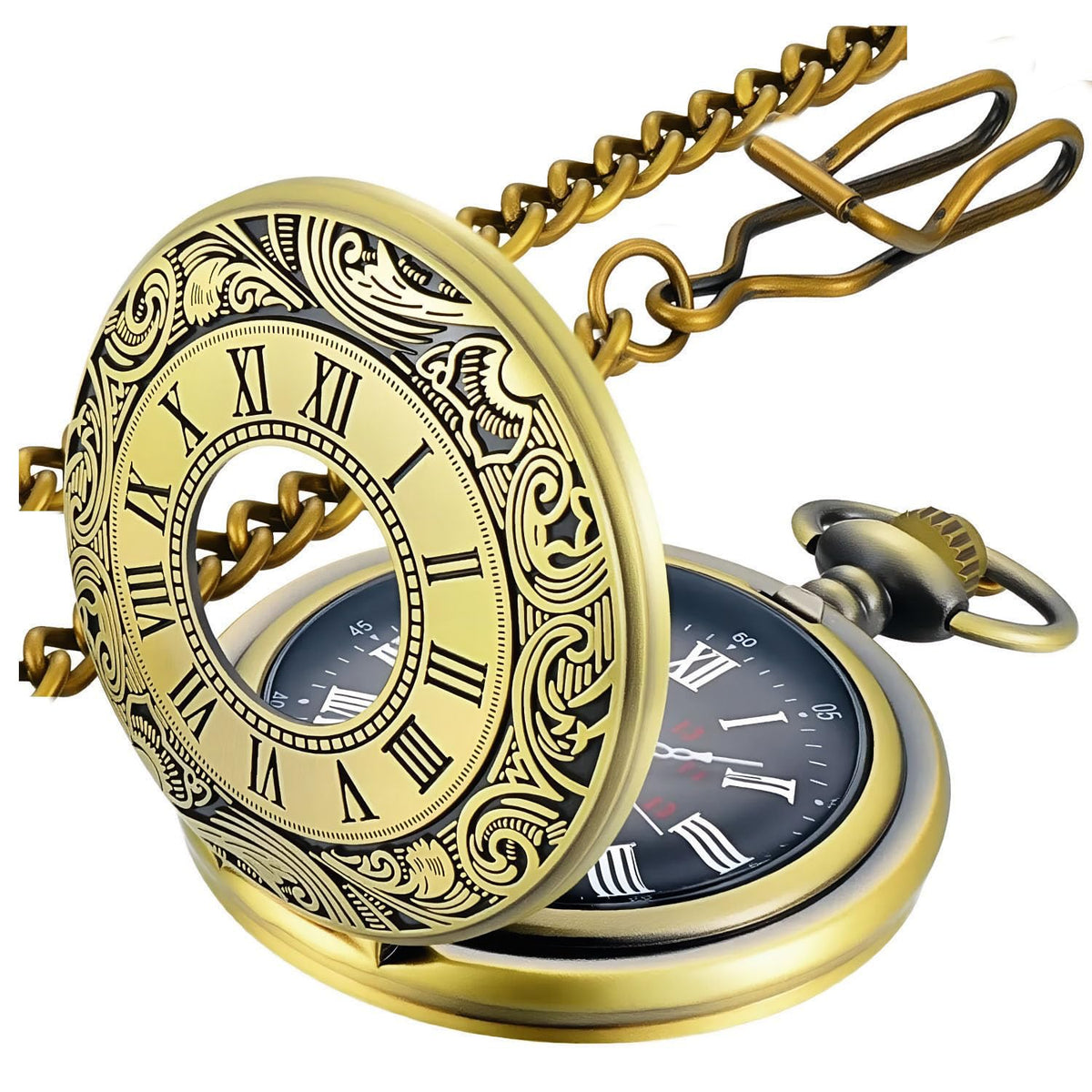 Vintage Roman Numeral Quartz Pocket Watch with Chain