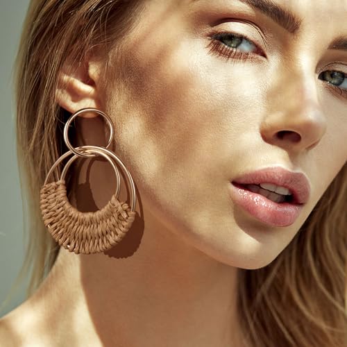 Raffia Rattan Boho Hoop Earrings (4 Pairs)