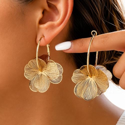Flower Dangle Gold Earrings for Women Trendy Statement Hoop Earring Jewelry