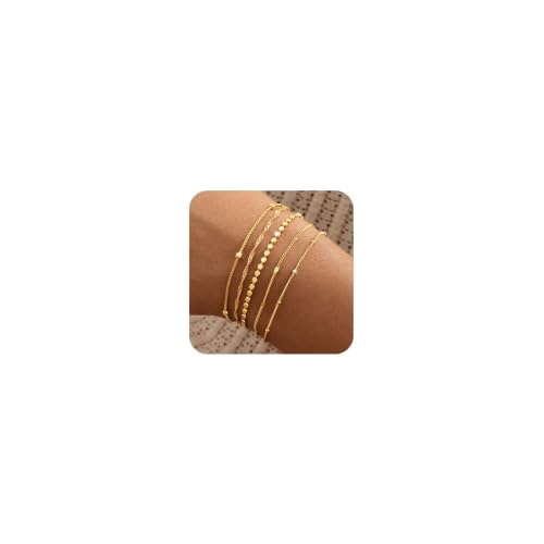 Gold Bracelets for Women, 14K Gold Plated Stackable Bracelet Stack Set Adjustable Charm Paperclip Chain Snake Link Layered Waterproof Jewelry Sets Gifts