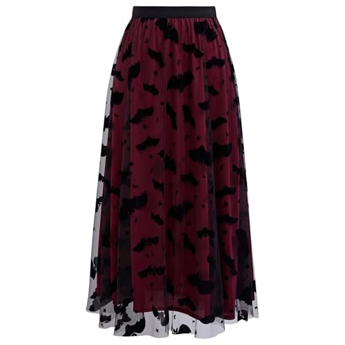 CHICWISH Women's Pumpkin Tulle Tutu Skirt Velvet Bats Elastic Waist Halloween Party Layered Mesh Midi Skirt Halloween Costume Main image