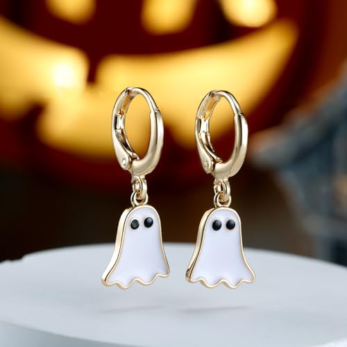 Halloween Ghost Earrings for Women – Spooky Cute 14K Gold Plated Hoop Dangle Jewelry, Fun Halloween Accessories Gifts