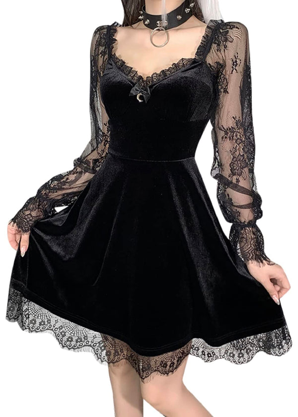 TSMNZMU Women Gothic Velvet Dress - Lace Long Sleeve Midi Lolita Dresses