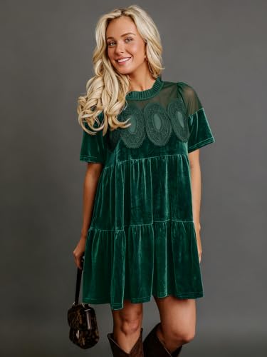 miduo Womens Scallop Neck Short Sleeve Velvet Lace Mini Babydoll Dress