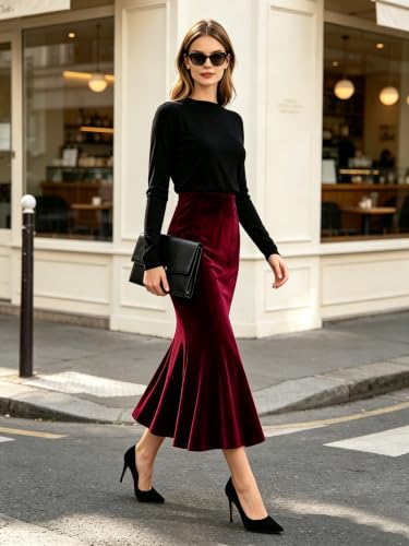 TONCHENGSD Women's Fall Winter Velvet Midi Skirt High Wasit Bodycon Fishtail Skirts