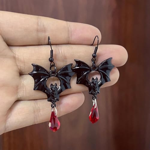 Gothic Bat Earrings for Women Black Red Crystal Dangle Drop Earrings Dark Punk Vampire Bat Earrings Hypoallergenic Vintage Goth Vampire Earrings Halloween Cosplay Party Jewelry