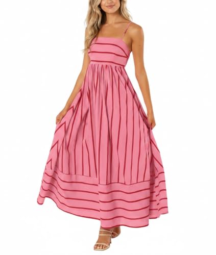 chouyatou Women's Striped Back Smocked Maxi Dress Sexy Spaghetti Strap Cut Out Flowy Swing Long Dress