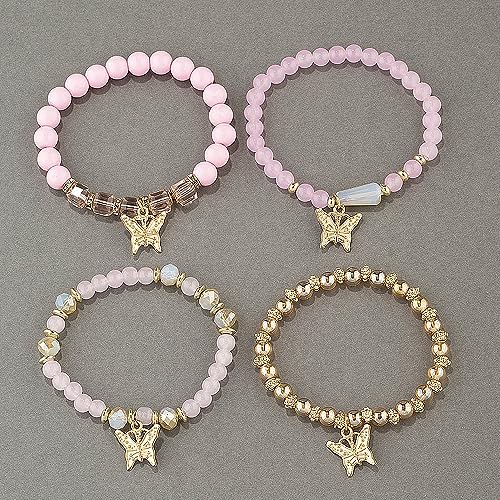 4 Pcs Cute Butterfly Charm Bracelets Set Gold Beaded Stackable Stretch Bracelets Bohemian Summer Jewelry Gifts for Women