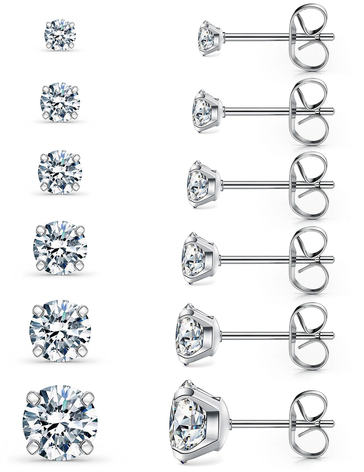 6 Pairs Stud Earrings Set, Hypoallergenic Cubic Zirconia 316L Earrings Stainless Steel CZ Earrings 3-8mm (Steel color)