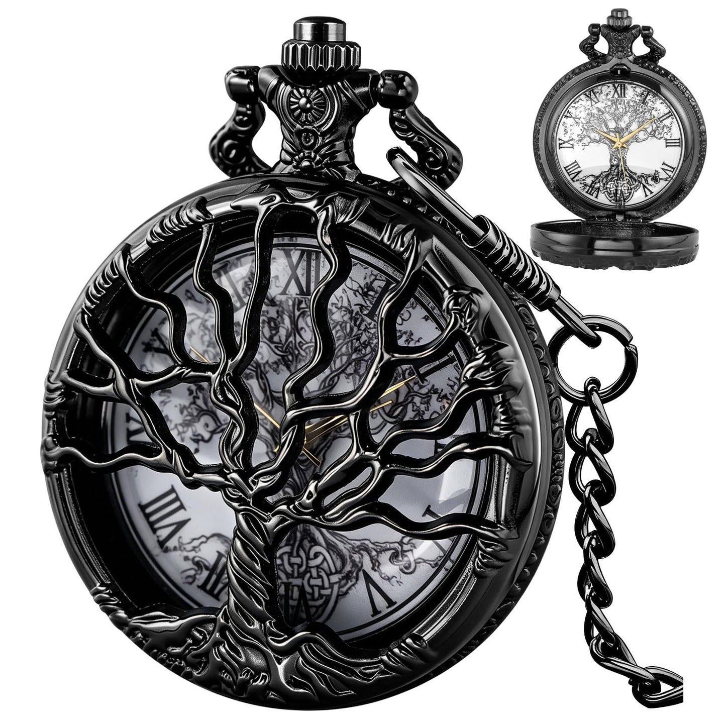Pocket Watch Hollow Tree of Life Design Roman Numerals Customizable Qu