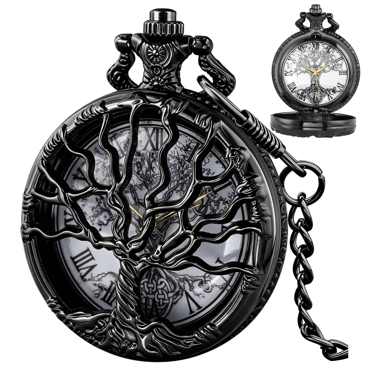 Pocket Watch Hollow Tree of Life Design Roman Numerals Customizable Qu