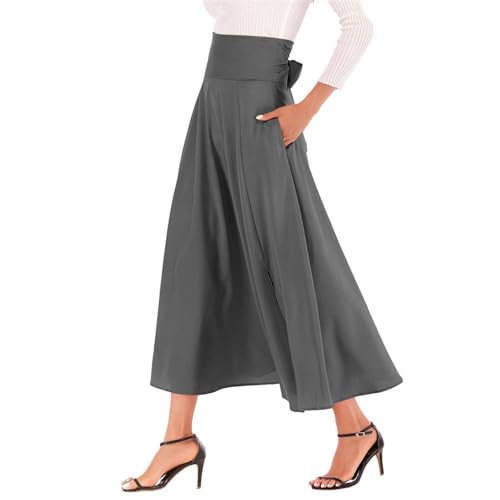 Women’s High Waist Pleated Maxi Skirt with Pockets, Solid Split Flowy Skirt