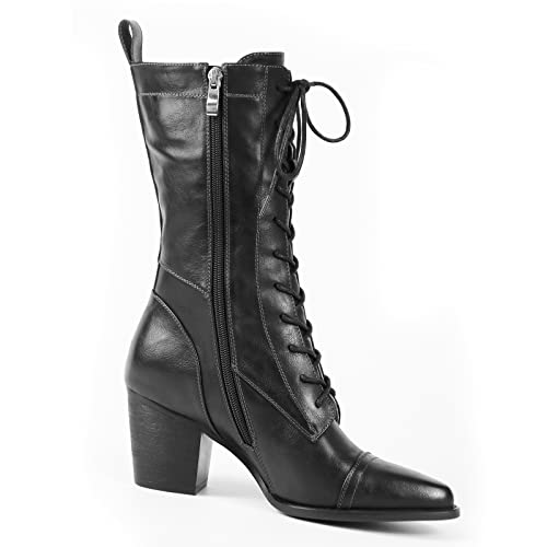 UTIKLIOU Women's Mid Calf Boots Lace up Combat Boots Leather Side Zipper Winter Boots Faux Fur Lining