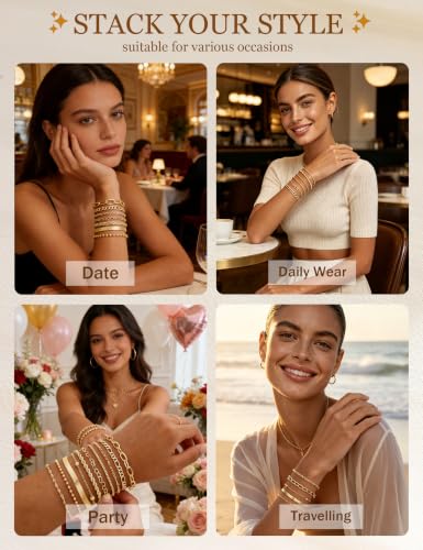 10 Pcs 14K Gold Plated Bracelet for Women, Dainty Stackable Chain Set