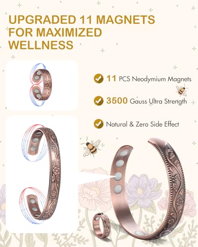 Feraco Copper Bracelet & Rings for Women, Vintage Flower Magnetic Bangle