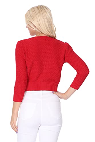 YEMAK Women's Cropped 3/4 Sleeve Crewneck Button-Down Cardigan Sweater