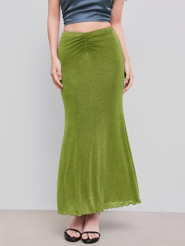 CIDER High Waist Skirts for Women Mermaid Skirt Fishtail Ruched Bodycon Long Maxi Skirt Lettuce Trim Stretchy
