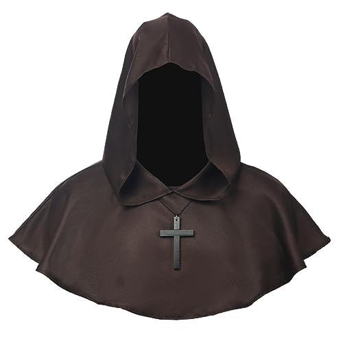 BLESSUME Medieval Cowl Hat Cross Necklace Wicca Pagan Hood Cosplay Accessory