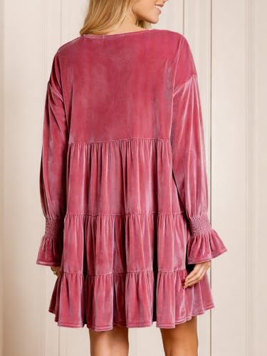 Fisoew Womens Velvet Tunic Dress Long Puff Sleeve Tiered Ruffle Dresses