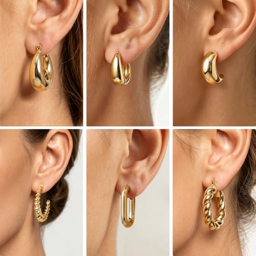6 Pairs 14K Gold Plated Hoop Earrings for Women Lightweight Chunky Hoop Earrings Multipack Hypoallergenic, Thick Open Twisted Huggie Hoops Earring