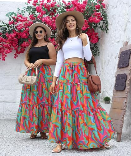 EARKOHA Womens Boho Maxi Skirt 2026 Summer Cruise Casual High Waist Tie Flowy Long Skirt with Pockets For Beach Vacation