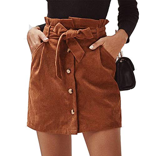 Susupeng Women Paperbag High Waist Elastic Belted Corduroy Button Front with Pockets Short Mini Skirt