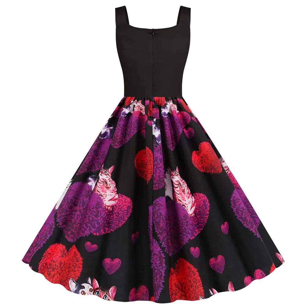 Sweet Heart Print Swing Summer Dress Sexy Halter Rockabilly Valentine Party Dresses Vestido Robe A-Line
