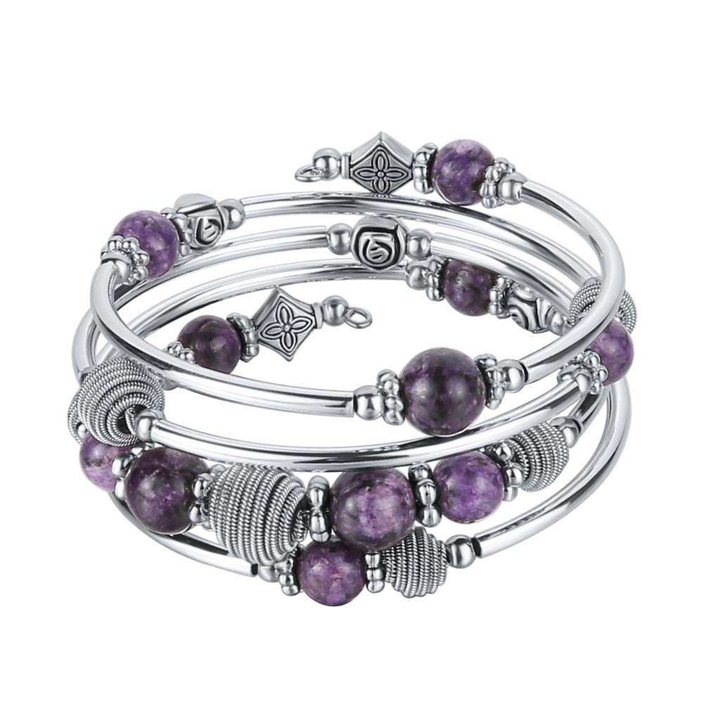 PEARL&CLUB Beaded Chakra Bangle Turquoise Bracelet - Fashion Jewelry Wrap Bracelet with Thick Silver Metal and Mala Beads, Birthday Gifts For Women