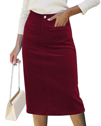 luvamia Corduroy Skirts for Women Midi Length High Waisted Trendy Fall Elastic Waist Casual Stretchy Welt Pockets Skirt Main image