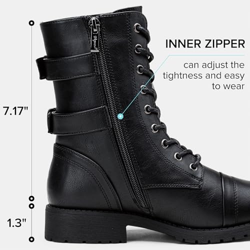 Women's Lace Up Mid Calf Combat Boots with Functional Pocket