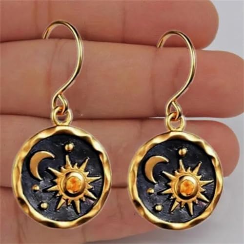 MALOYANVE Vintage Sun and Moon Drop Dangle Earrings for Women Unique lightweight Handmade Retro Boho Antiqued Gold Silver Round Coin Earrings for