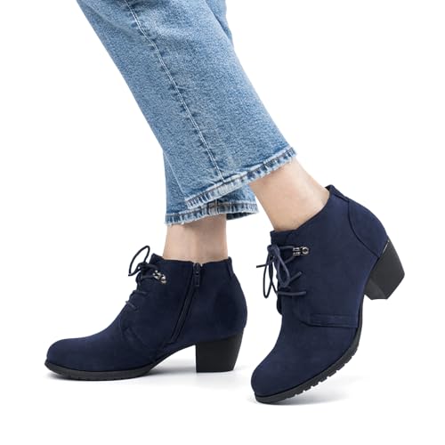 Women's Ankle Boots,Lace-up Round Toe Comfortable Low Heel Dress Booties with Side Zipper