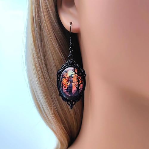 Vintage Halloween Earrings Gothic Mystery Witch Cameo Earrings Vintage Punk Crystal Glass Witch Dangle Earrings Victorian Jewelry for Women