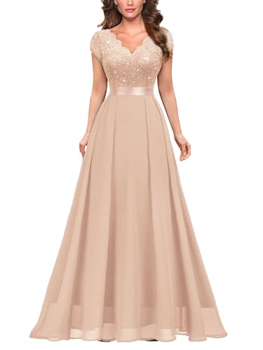 Miusol Women's V-Neck Sequined Floral Lace Formal Evening Maxi Dress