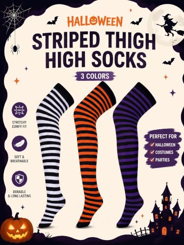 SATINIOR 3 Pairs Halloween Striped Thigh High Socks, Knee High
