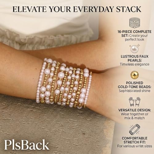 Gold Plated Bead & Pearl Bracelets for Women, 16PC Stackable Stretch Set