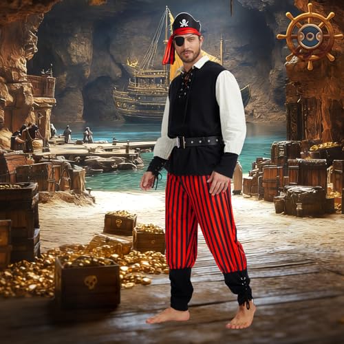 6PCS Mens Pirate Costume Adult with Accessories for Themed Parties